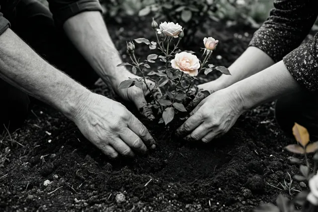 Twee paar handen planten een kleine rozenstruik in donkere tuinaarde, waarbij de rozen in kleur zijn en de rest van het beeld grotendeels monochroom is.