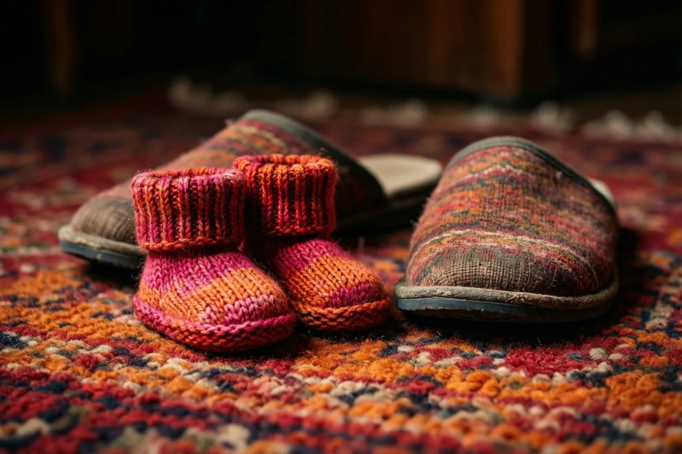 Roze en oranje gebreide babyslofjes staan naast versleten pantoffels met een patroon op een kleurrijk wollen tapijt.