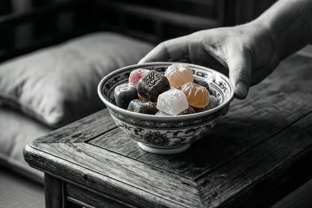 Een hand houdt een keramieken kom met verschillende zoetigheden op een lage houten tafel met kussens erachter, waarbij de snoepjes kleur hebben in een verder vrijwel monochroom beeld.