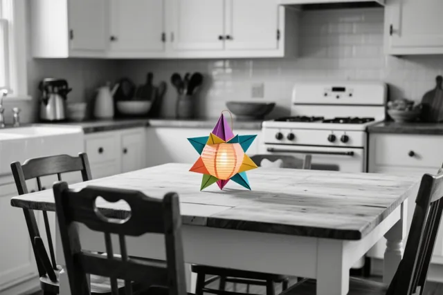 Een kleurrijke, lichtgevende papieren sterlantaarn staat op een houten keukentafel tegen een zwart-witte keukenachtergrond.