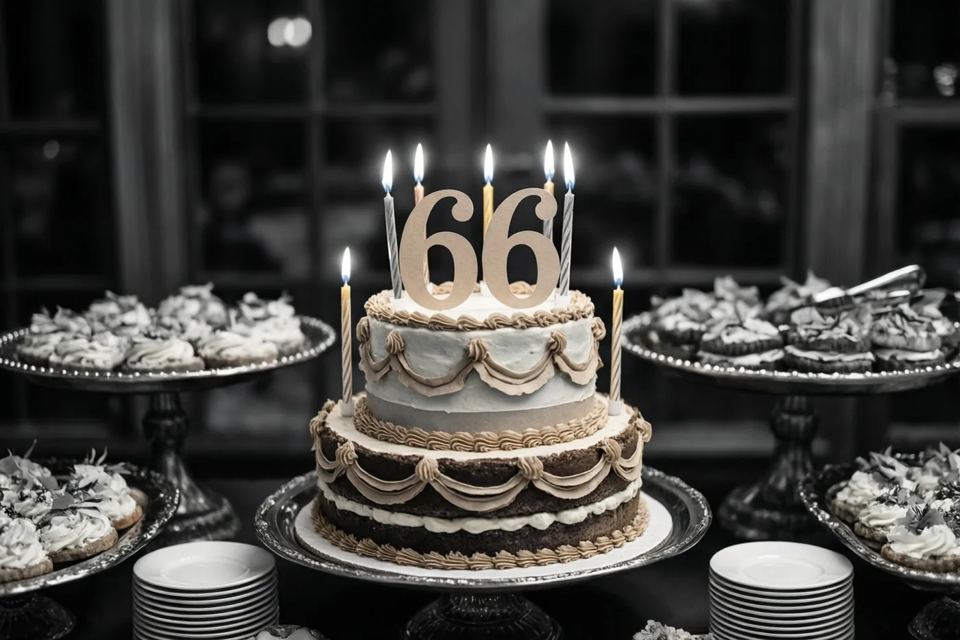 Een taart met twee verdiepingen, een papieren 66 en brandende kaarsjes staat op een zilveren voet bij een buffet, waarbij taart en kaarsjes in kleur afsteken tegen een zwart-witte omgeving.