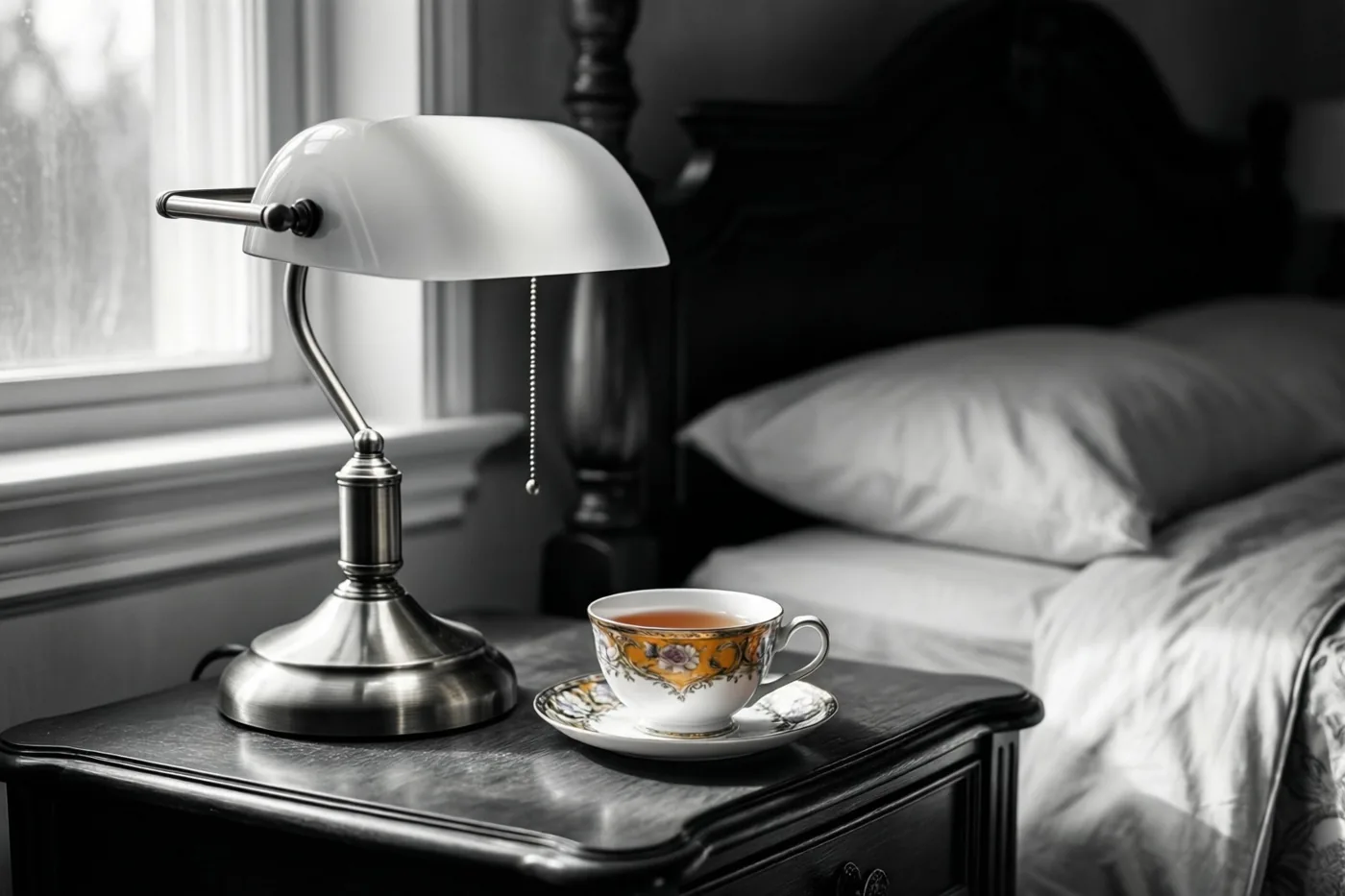 Een vintage bureaulamp en een theekop met patroon staan op een donker houten nachtkastje naast een bed in ochtendlicht, waarbij alleen de kop oranje en goud kleurt in het zwart-witte beeld.
