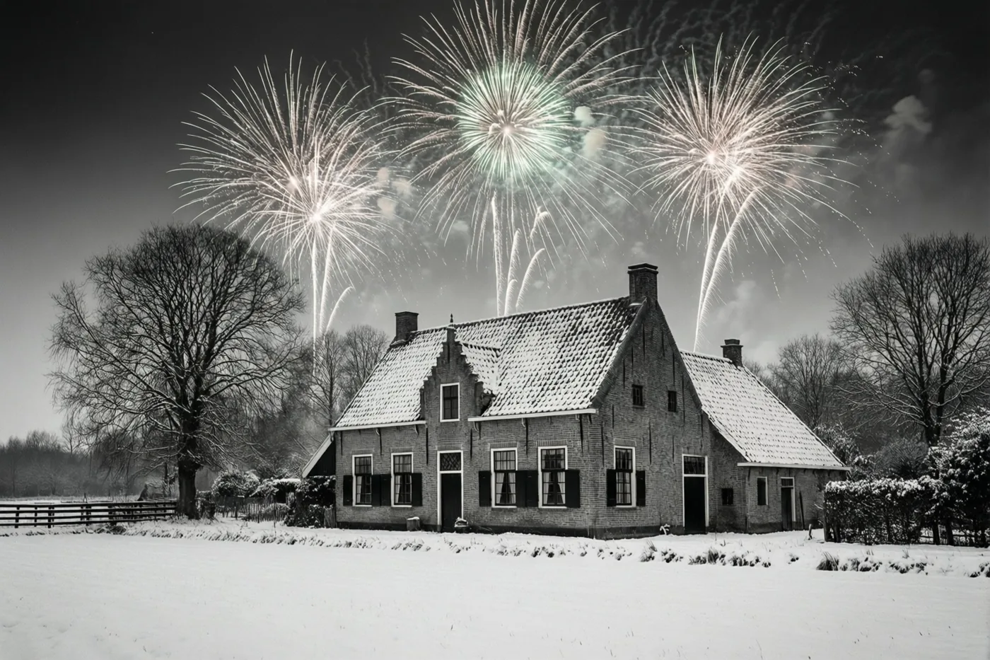 Een besneeuwde Vlaamse hoeve en een winters veld zijn in zwart-wit weergegeven, met gekleurd vuurwerk in de nachthemel erboven.
