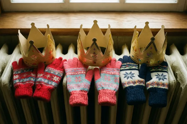 Drie paar kleurrijke gebreide kinderwanten liggen op een radiator bij een houten vensterbank, elk onder een papieren kroon, in warm licht.