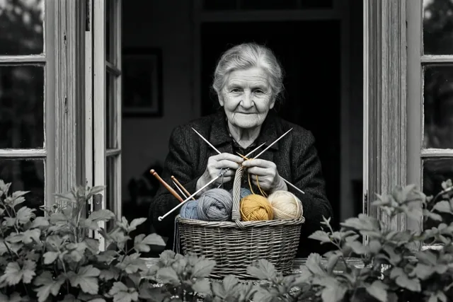 Een oudere vrouw zit aan een raam met breinaalden en garen en een rieten wolmand voor zich, in een zwart-witbeeld met gekleurde wol.