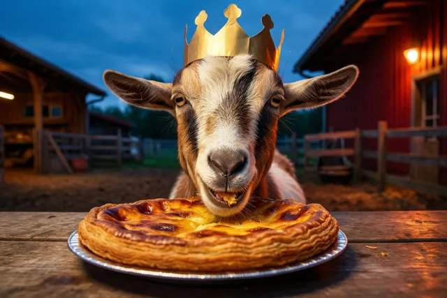 Een geit met een goudkleurige papieren kroon eet van een galette op een houten tafel op een boerenerf, verlicht door warme lampen onder een schemerblauwe hemel.