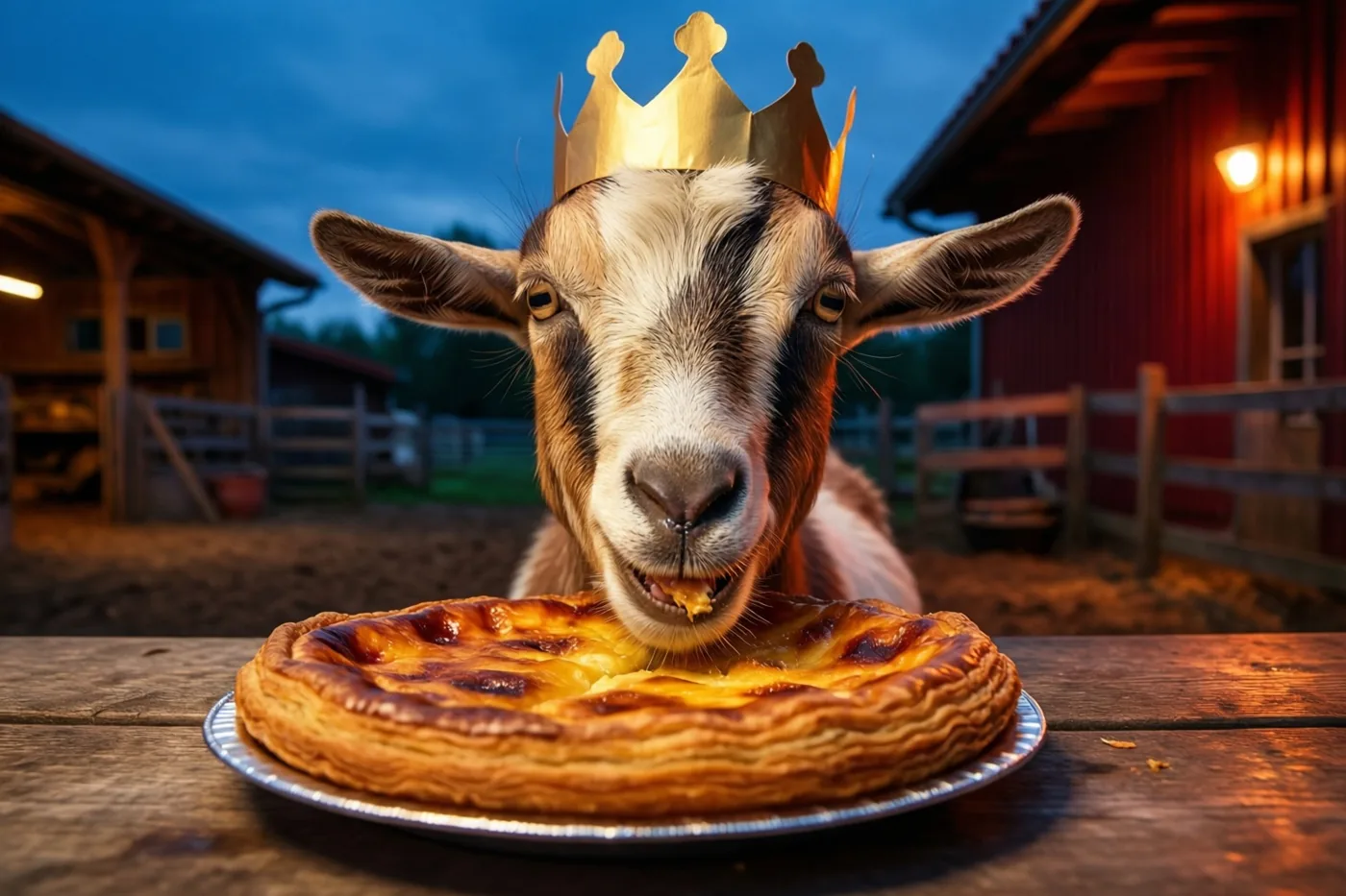 Een geit met een goudkleurige papieren kroon eet van een galette op een houten tafel op een boerenerf, verlicht door warme lampen onder een schemerblauwe hemel.