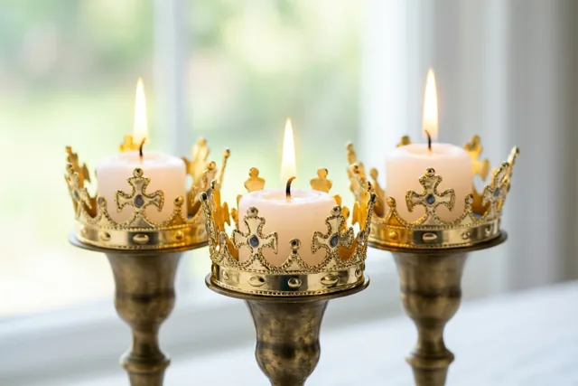 Drie brandende witte kaarsen met dunne gouden kroontjes bovenaan staan op een rij in sierlijke messing kandelaars bij een raam in zacht daglicht.