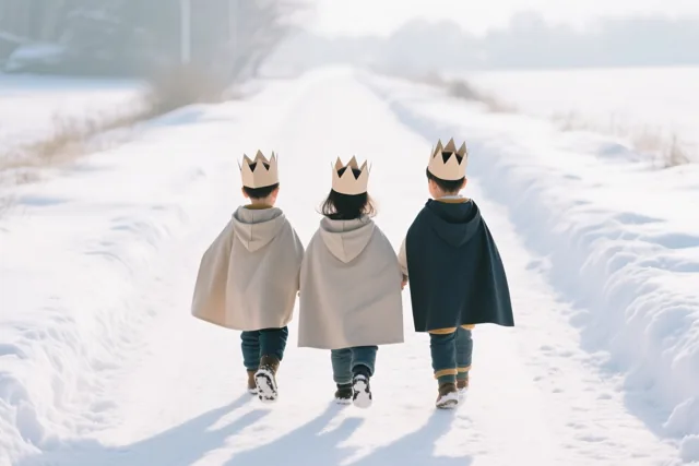 Drie kinderen met papieren kronen en capes wandelen van achteren gezien over een besneeuwd pad in een helder winterlandschap met witte en beige tinten.