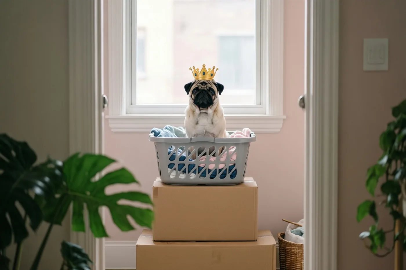 Een mopshond met een gouden kroon zit rechtop in een grijze wasmand op gestapelde verhuisdozen, bij een raam met roze muren en groene planten rondom.
