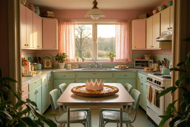 Een taart met een papieren kroon staat op een formicatafel in een keuken in jarenzestigstijl met pastelroze en mintgroene kasten, verlicht door warm zonlicht uit een raam.