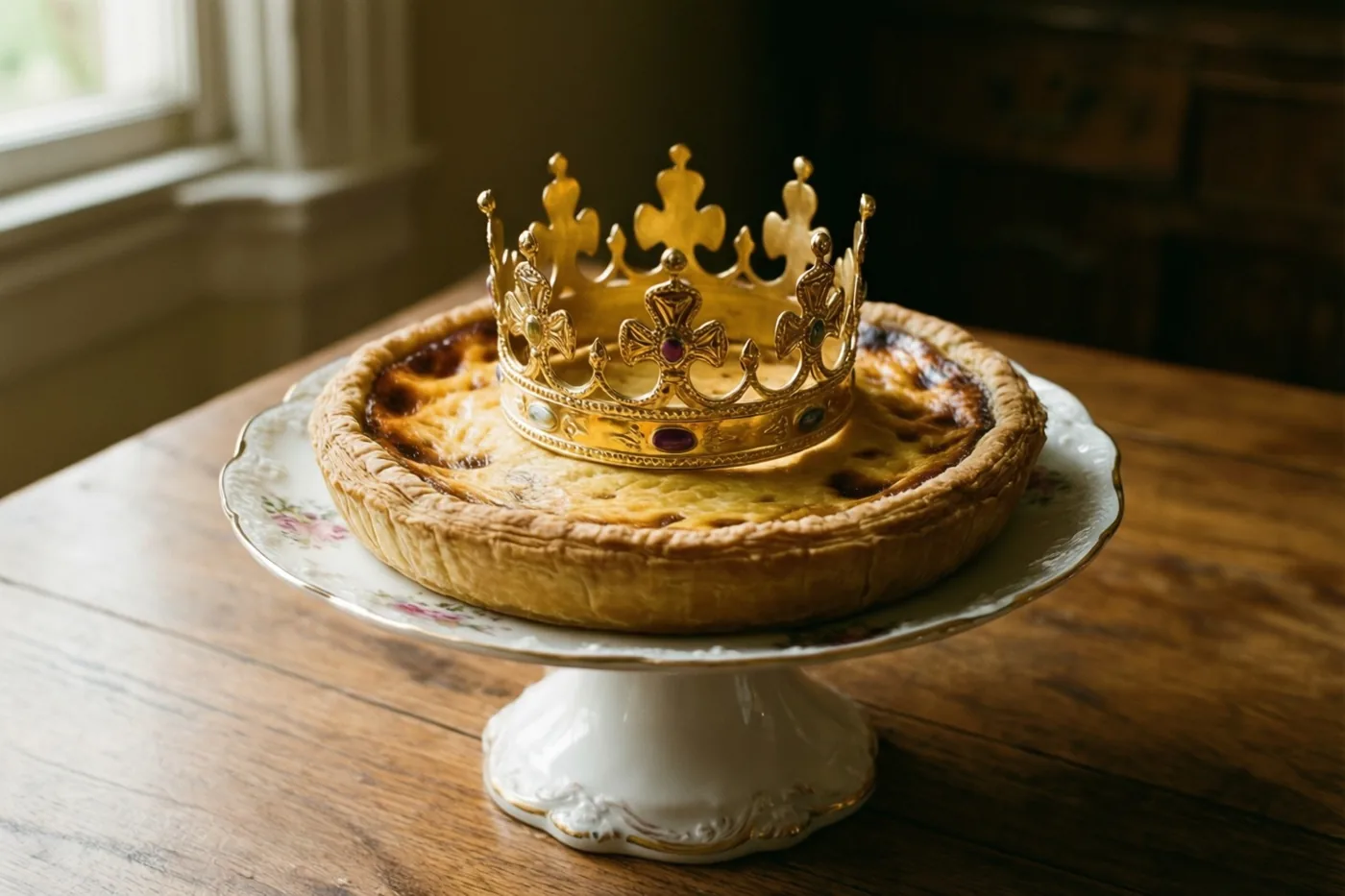 Een goudbruine galette met een vergulde kroon met juwelen staat op een sierlijke witte porseleinen taartstandaard op een houten tafel bij een raam.