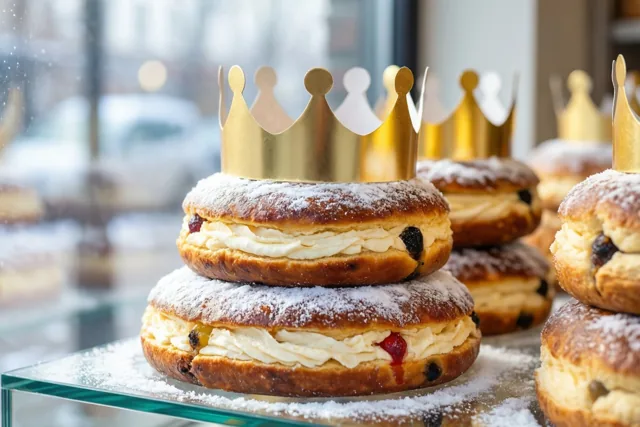 In een bakkersetalage staan gestapelde driekoningentaarten met bloemsuiker, elk met een gouden papieren kroon erop.