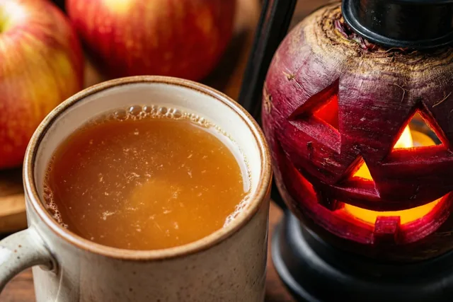 Een keramieken mok amberkleurig gekruid appelsap staat op hout naast een uitgesneden bietenlantaarn met een brandende kaars, met rode appels op de achtergrond.