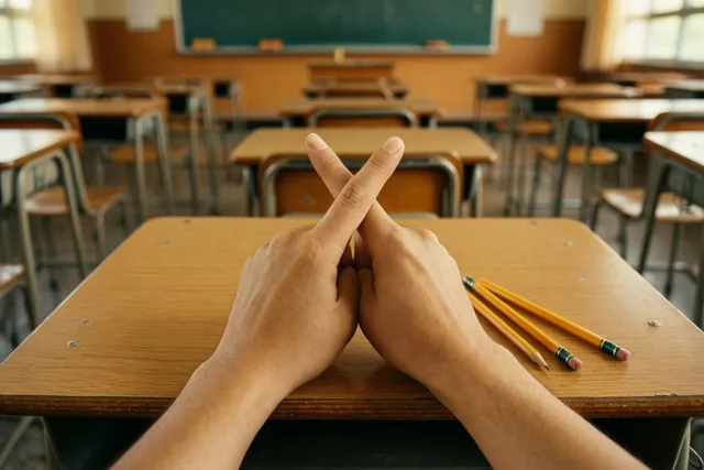 Twee handen met gekruiste vingers rusten naast drie geslepen potloden op een houten schoolbank in een leeg klaslokaal met vervaagde warme tinten.