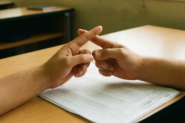 Twee handen met gekruiste vingers rusten op een houten bureau naast een omgekeerd examenblad in een klaslokaal met warm daglicht.