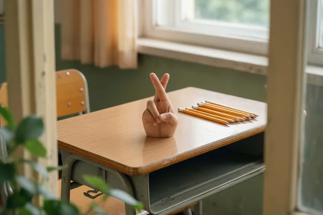 Een hand met gekruiste vingers rust naast een rij geslepen potloden op een houten schoolbank in een klaslokaal met vervaagde warme tinten en zacht raamlicht.