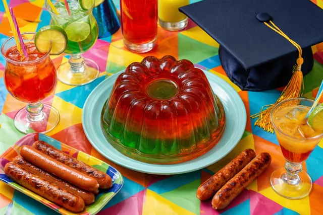 Op een veelkleurig geruit tafelkleed staan een geleipudding met rode en groene lagen, gegrilde cocktailworstjes en verschillende drankjes met limoenschijfjes, naast een afstudeerhoed.