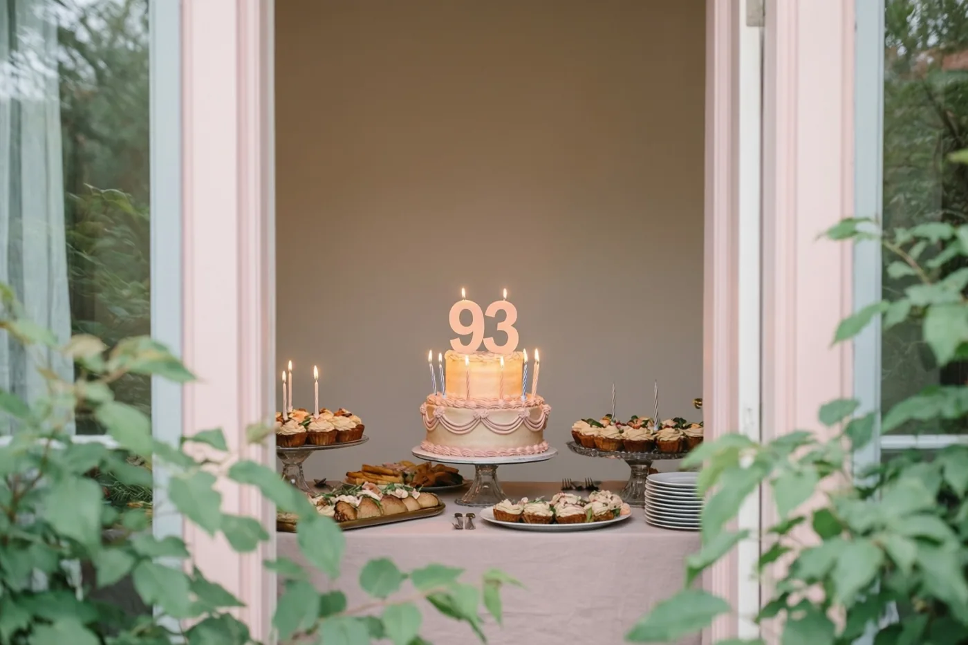 Door een deuropening is een taart met meerdere lagen, brandende kaarsjes en een papieren versiering met 93 op een buffettafel te zien, met groen op de voorgrond en zachte roze en beige tinten.