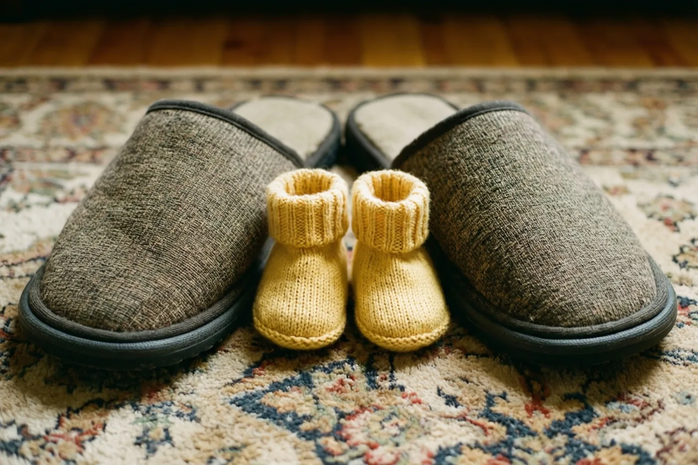 Grote, versleten grijze pantoffels staan naast lichtgele gebreide babyslofjes op een tapijt met een patroon, in warm licht.