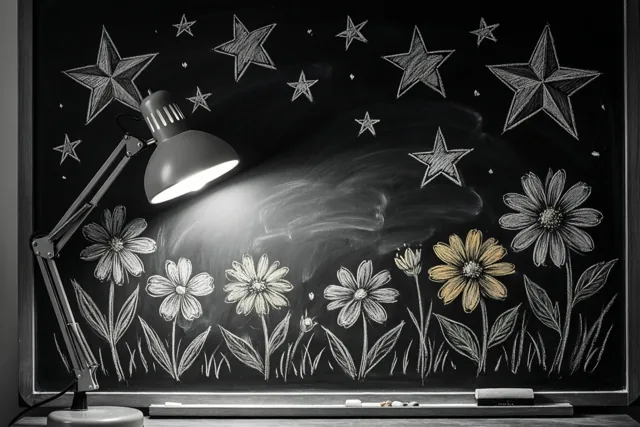 Een bureaulamp verlicht een krijtbord met getekende sterren en bloemen in een verder monochroom beeld waarin één gele bloem opvalt.