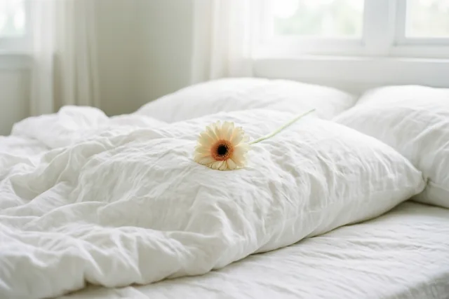 Een lichtgele bloem met een donker hart ligt op een gekreukt wit hoofdkussen op bed, met zacht daglicht van een raam op de achtergrond.
