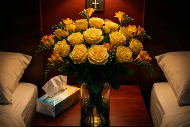 Een boeket gele rozen en fresia’s staat in een heldere glazen vaas op een houten nachtkastje tussen twee bedden met wit beddengoed.