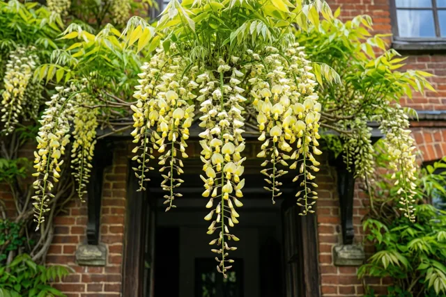 Gele bloemtrossen hangen tussen groene bladeren boven de ingang van een oud bakstenen huis.