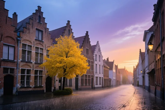 Een felgele boom staat in de regen in een Brugse kasseistraat met historische trapgevels in zacht gekleurd schemerlicht.