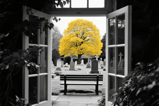 Door een open raam is een houten bank in een kerkhofpark te zien, in een zwart-witbeeld waarin alleen een felgele boom kleur heeft.