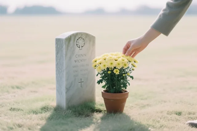 Een hand zet een pot gele chrysanten naast een witte grafsteen in een grasveld in zacht, warm licht.