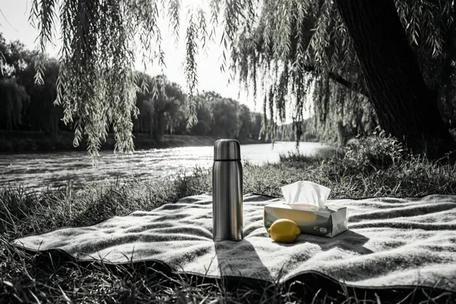 Een picknickdeken met een thermos, een doos zakdoekjes en een citroen ligt onder treurwilgen aan een rivier, in een zwart-witbeeld waarin alleen de citroen kleur heeft.