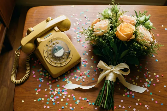 Een gele telefoon vol gelukwensen