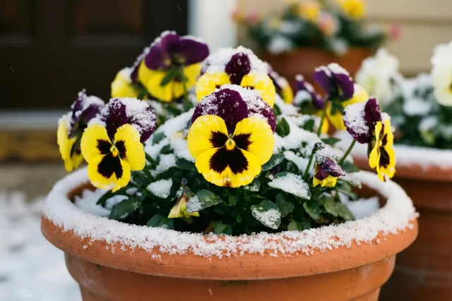 Een terracotta pot met gele en paarse viooltjes staat met een laagje verse sneeuw op een drempel buiten.