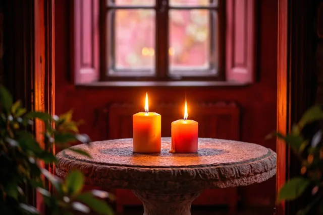 Een gele en een rode kaars branden naast elkaar op een ronde stenen tafel, met een rode muur en een raam op de achtergrond.
