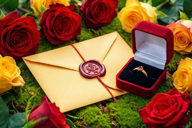 Een gele envelop met een rood hartvormig lakzegel ligt op groen mos naast een open rood fluwelen doosje met een gouden ring met rode edelsteen, omringd door rode en gele rozen.