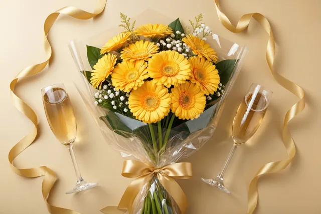 Een boeket gele gerbera's in doorzichtig cellofaan met een gouden lint staat op een beige ondergrond tussen twee champagneglazen en decoratieve gouden linten.