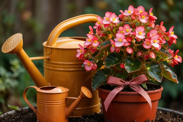 Een grote en een kleine gele gieter staan op de aarde naast roze begonia's in een pot met een bruin lint, tegen een onscherpe groene achtergrond.
