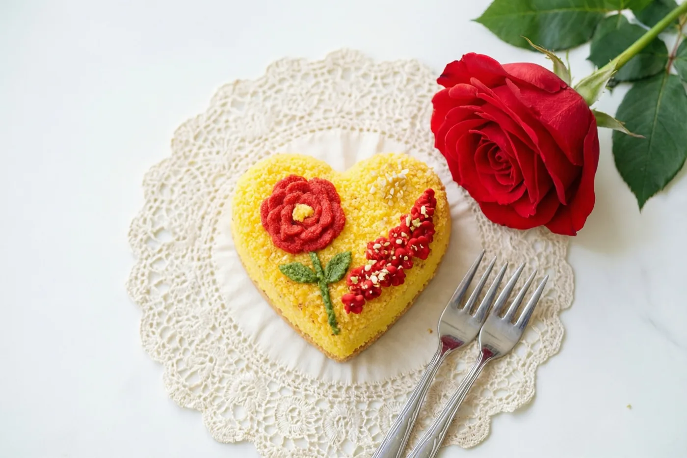 Een gele hartvormige taart met een rode roos en rode bessen als versiering staat op een wit kanten onderleggertje, naast een echte rode roos en twee dessertvorkjes tegen een witte achtergrond.