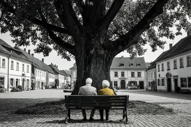 Een ouder koppel zit met de rug naar de kijker op een bank onder een oude linde op een dorpsplein, op een zwart-witbeeld met alleen de jas van de vrouw in geel.
