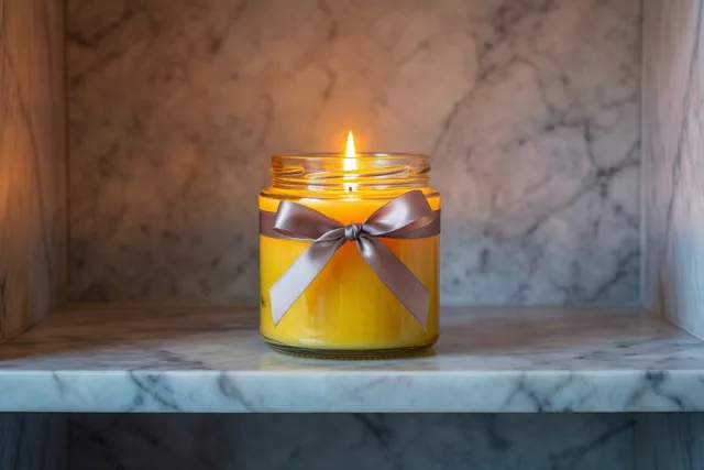 Een brandende gele kaars in een glazen pot met een bruin satijnen lint staat op een witte marmeren plank voor een wazige marmeren wand.
