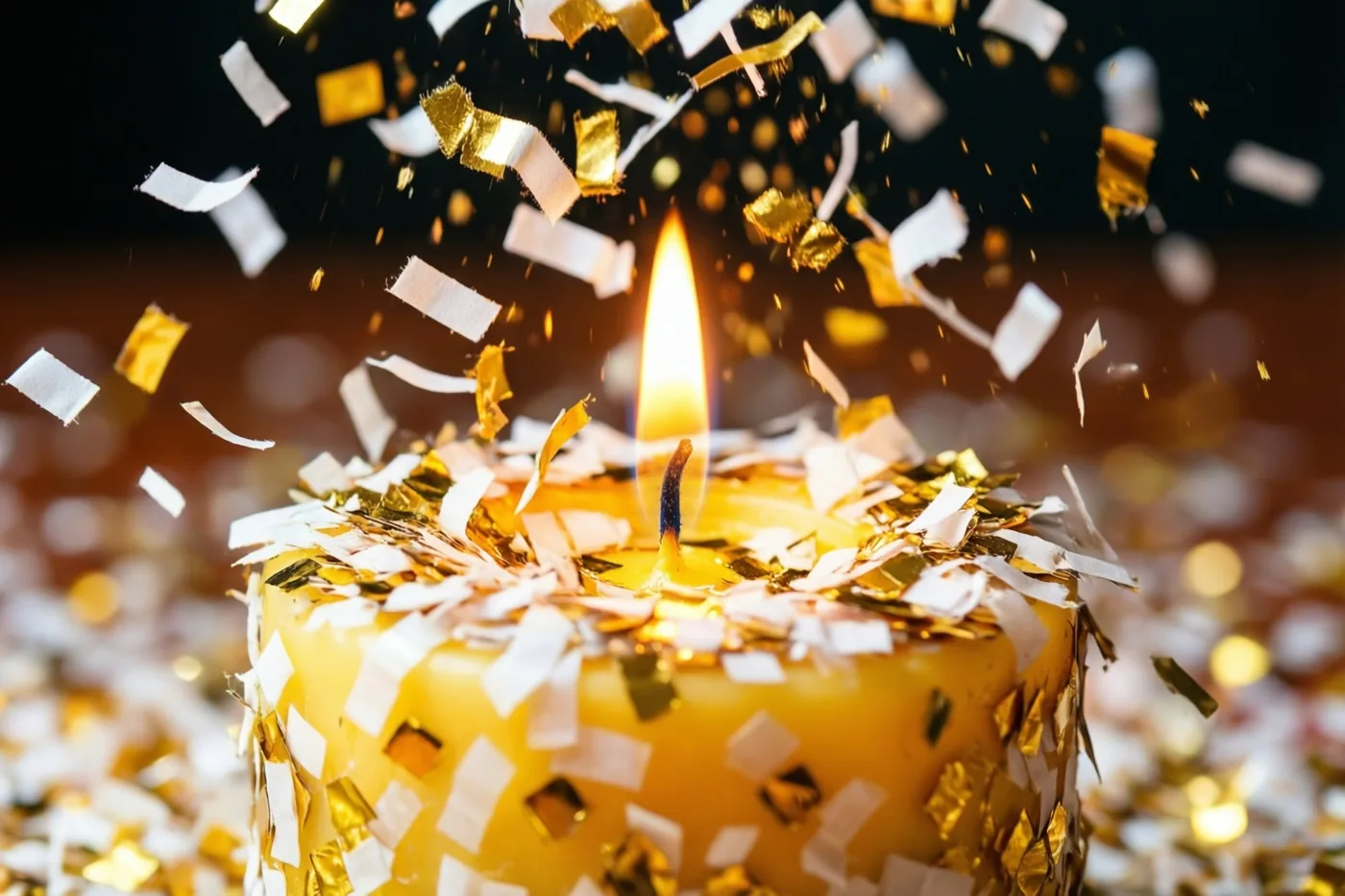 Een brandende gele kaars versierd met witte en gouden confetti staat tegen een donkere achtergrond met vallende confetti.
