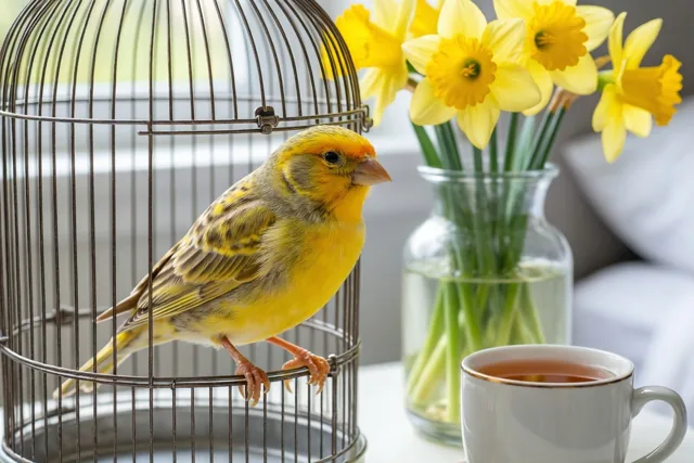 Een gele kanarie zit in een metalen vogelkooi op een wit oppervlak naast een glazen vaas met gele narcissen en een witte mok thee.