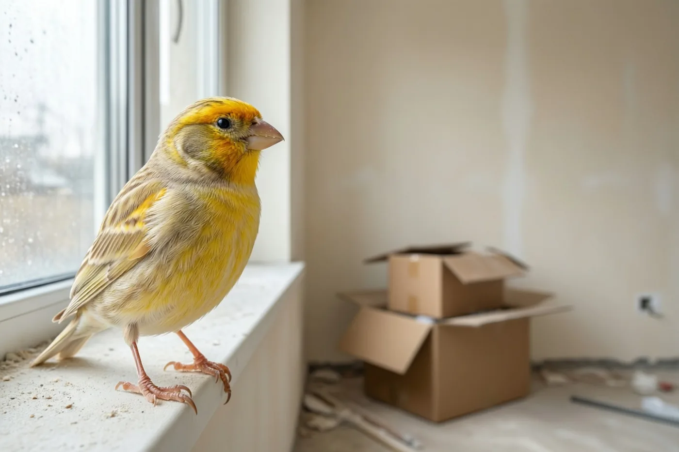 Een gele kanarie staat op een vensterbank in een lege, pas gerenoveerde kamer met uitgepakte kartonnen dozen op de achtergrond en daglicht door het raam.
