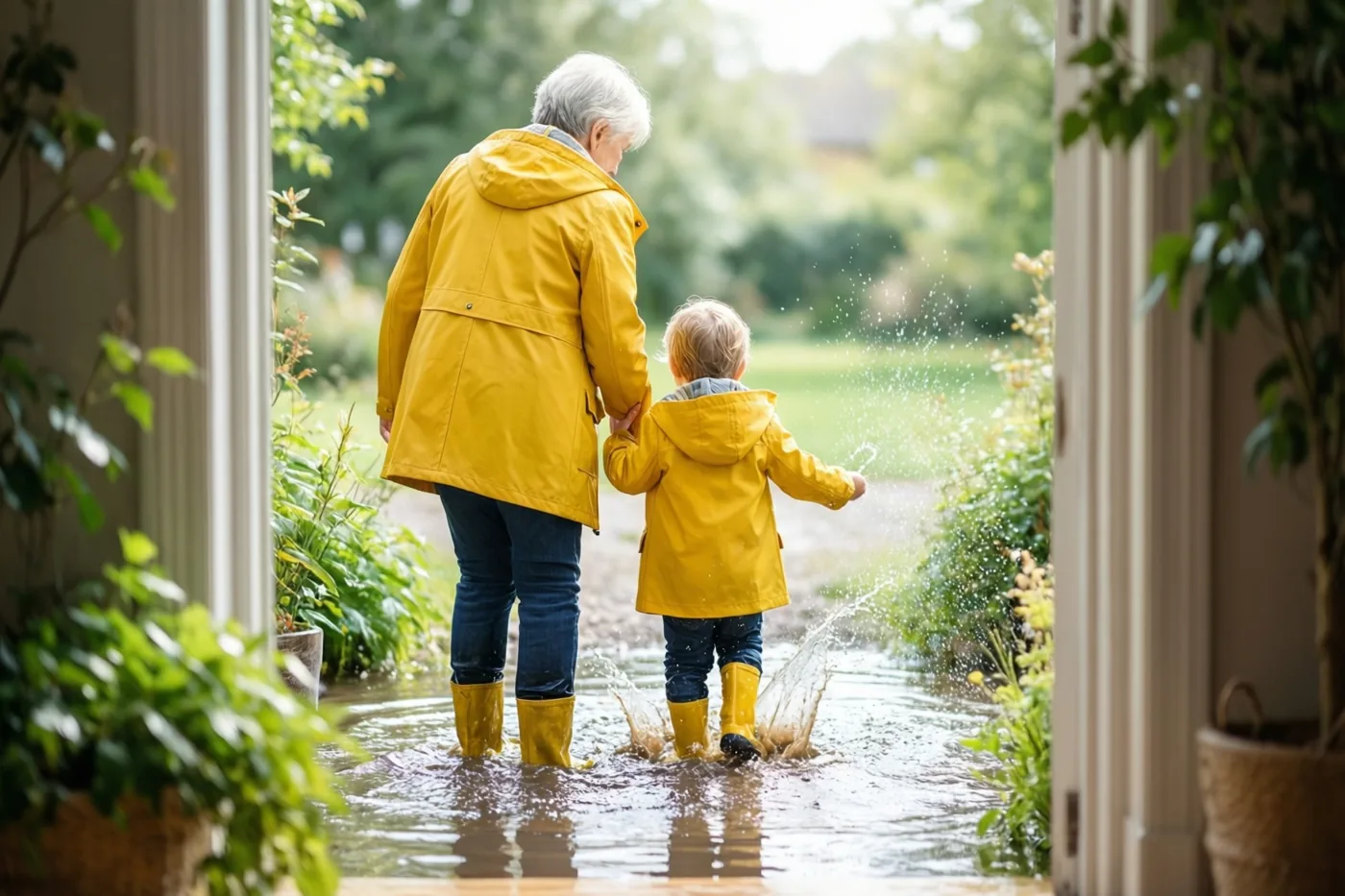 Een oudere vrouw en een peuter in dezelfde gele regenjassen en laarzen spatten door een ondiepe plas in een groene tuin, van achteren gezien door een deuropening met potplanten aan weerszijden.