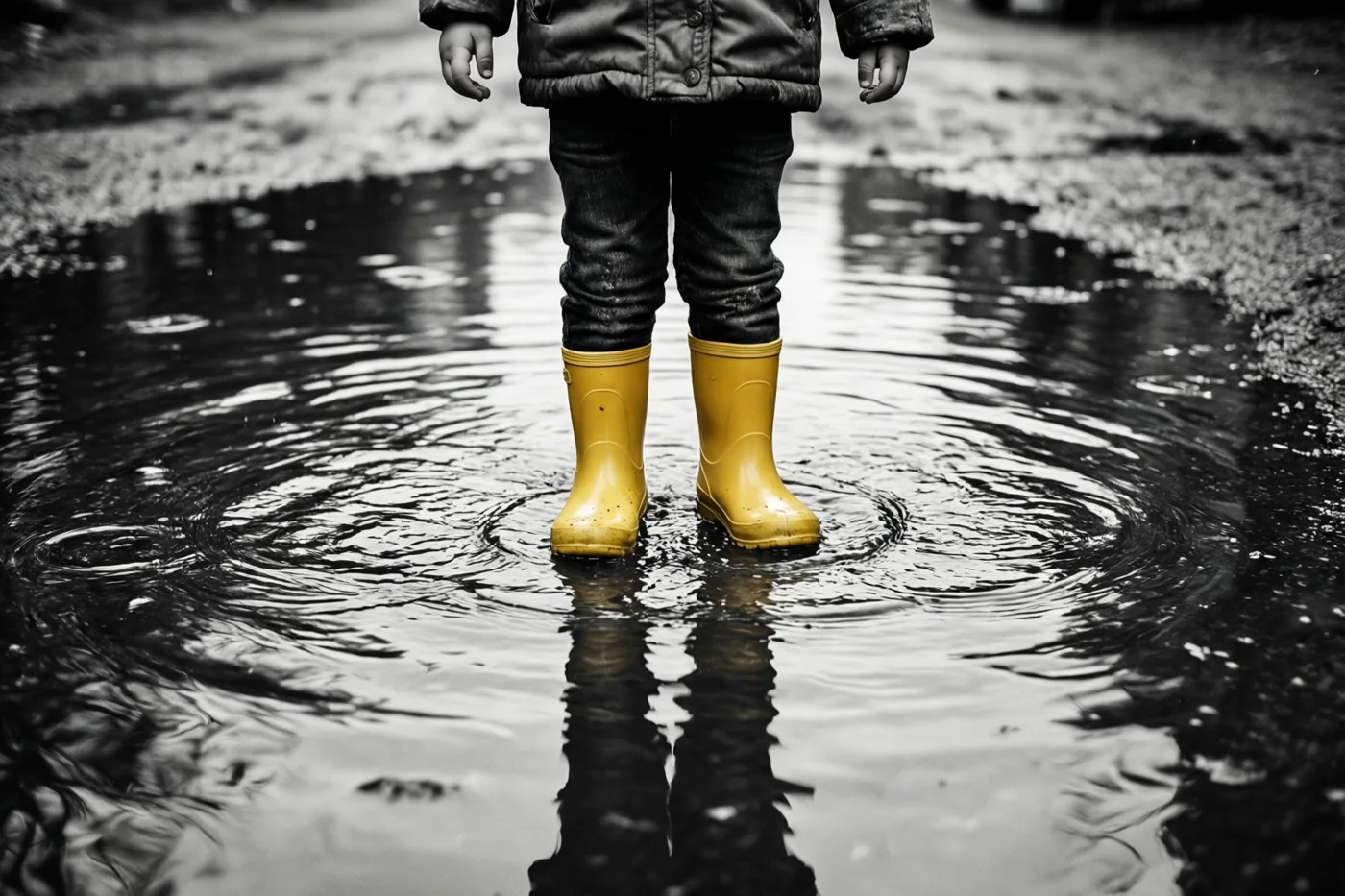 Een kind met gele regenlaarzen staat in een grote plas met waterkringen, in een verder zwart-wit beeld.