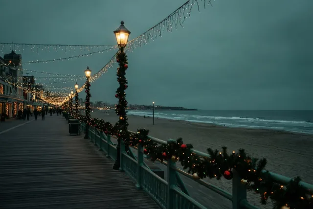 Warme kerstlichtjes langs het strand