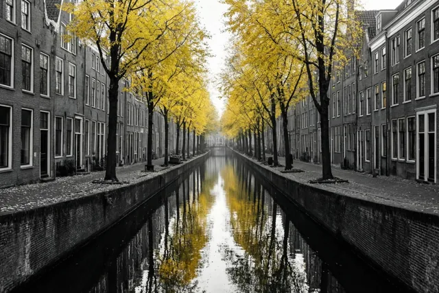 Goudgele lindebomen langs een stil kanaal weerspiegelen in het water tussen oude bakstenen gevels, met een gedempte hemel en een verder monochrome omgeving.