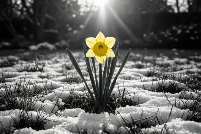 Een felgele narcis bloeit door smeltende sneeuw in een tuin in laag ochtendlicht, terwijl de rest van het beeld in zwart-wit is weergegeven.