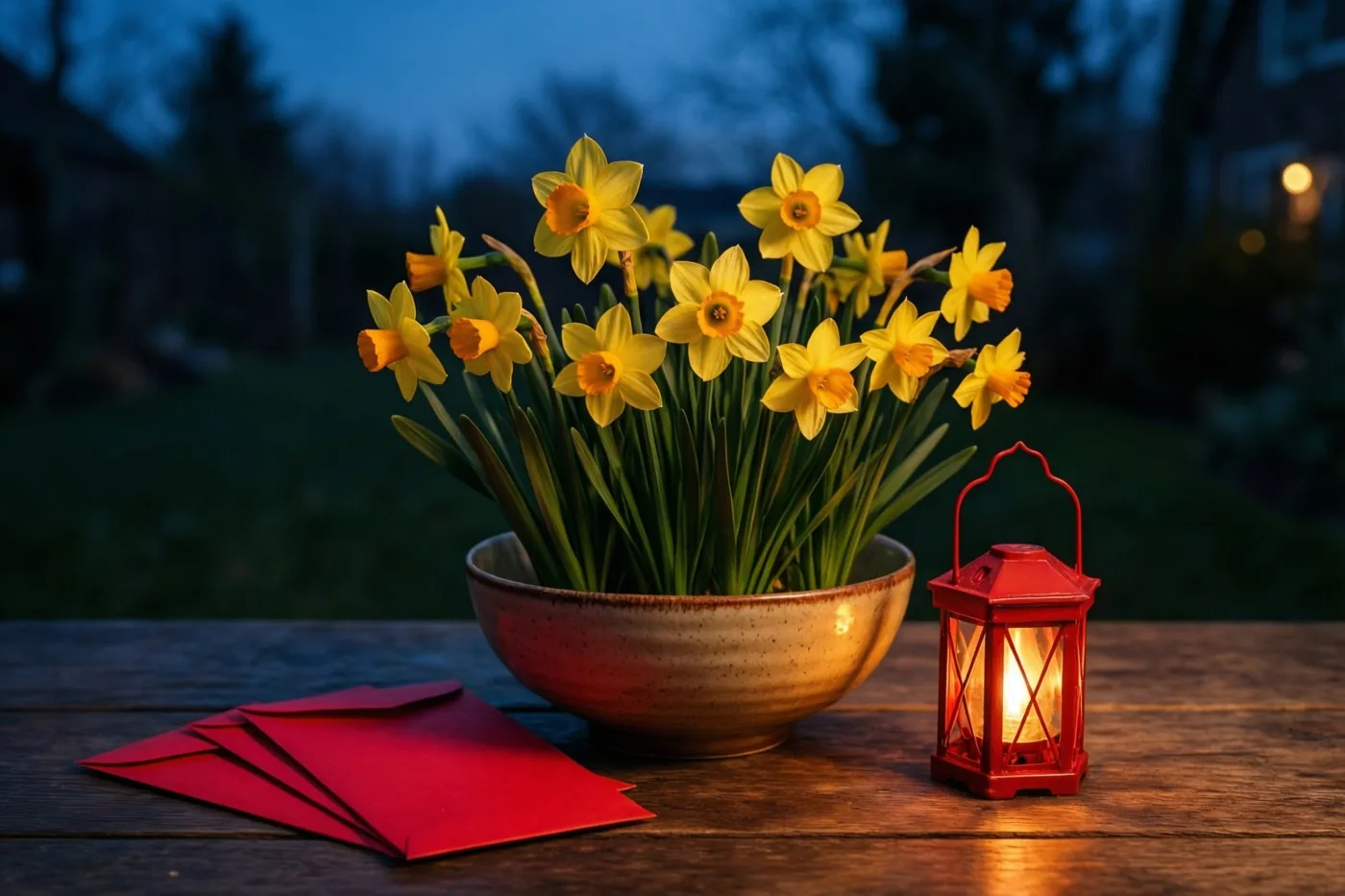Een schaal bloeiende gele narcissen staat buiten bij schemering op een houten tafel naast rode enveloppen en een brandende rode lantaarn, onder een donkerblauwe hemel.